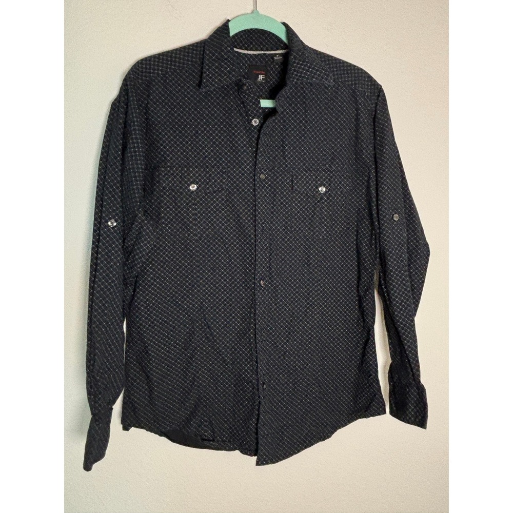 J Ferrar Mens Modern Fit Button Down Shirt Black Geometric Diamond Cotton Medium